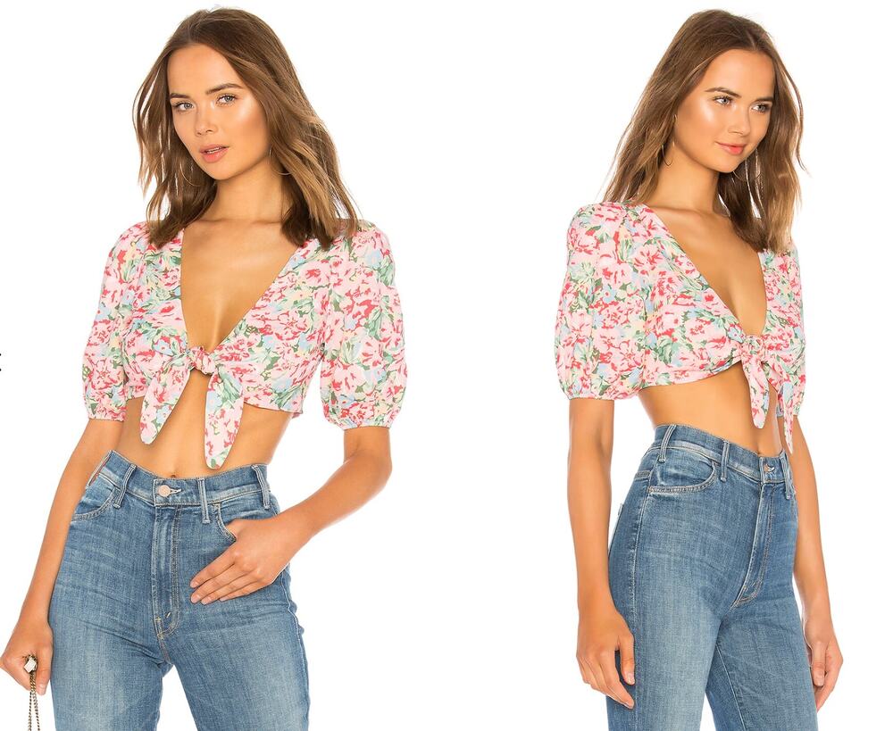Revolve LPA Floral Boho Tie Front Top Pink Blooms Medium